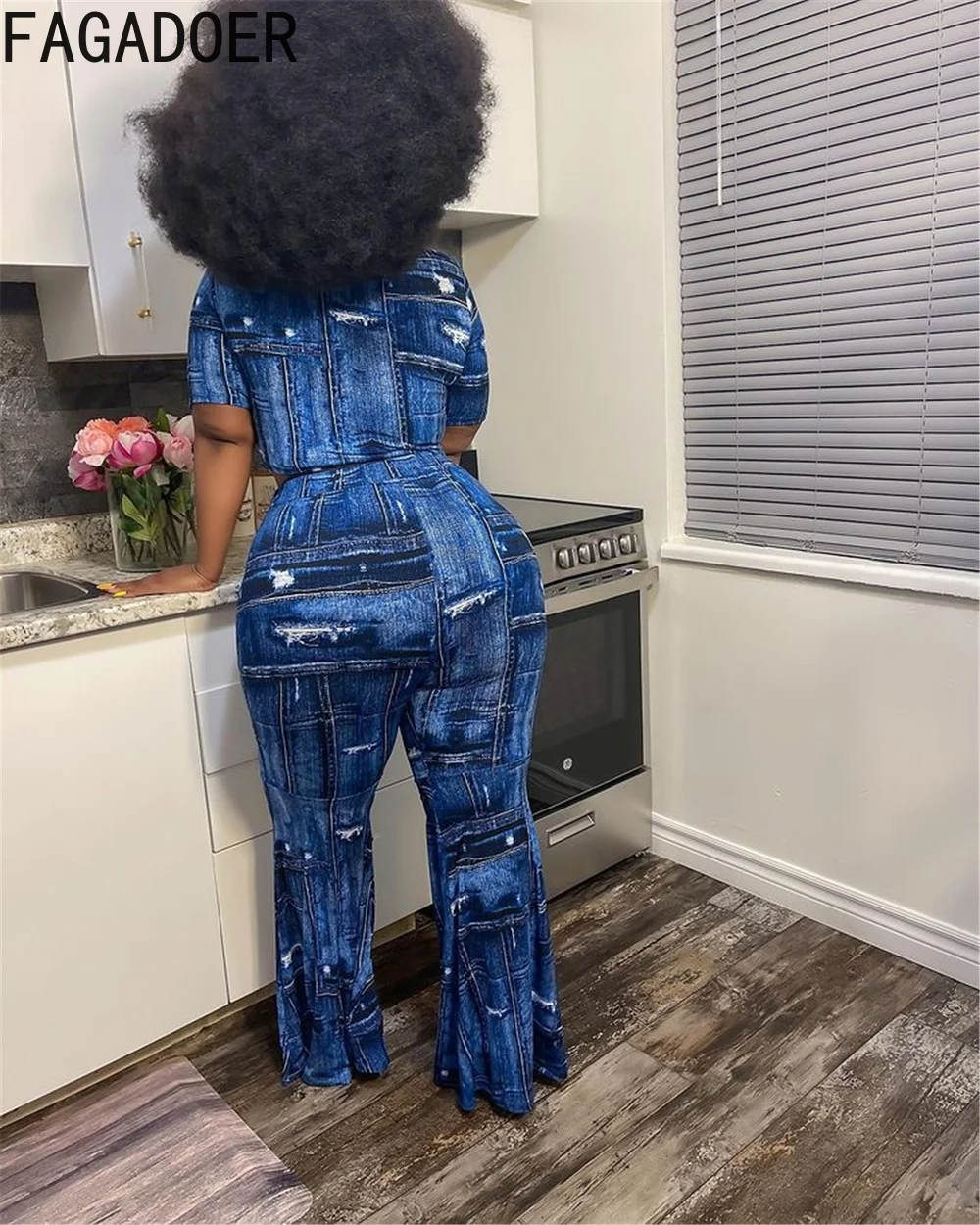 FAGADOER Cowboy Print Plus Size Flares Pants Two Piece Sets Women Short Sleeve Crop Top + Pants Tracksuits Female Streetwear 4XL