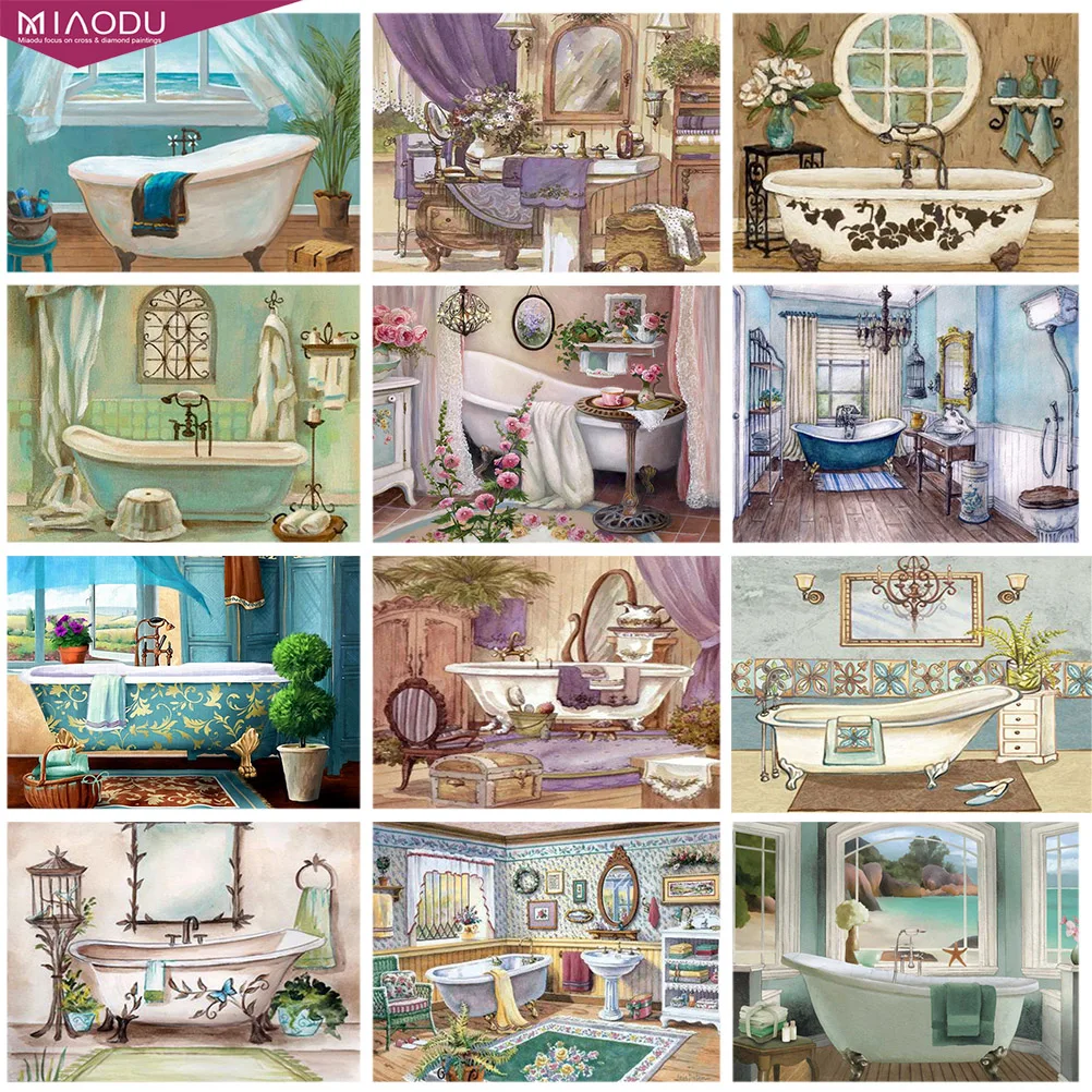 

5D Diamond Painting Seaside Bathroom Bathtub Full Round Landscape Diamond Embroidery Cross Stitch Rhinestone Mosaic Home Decor