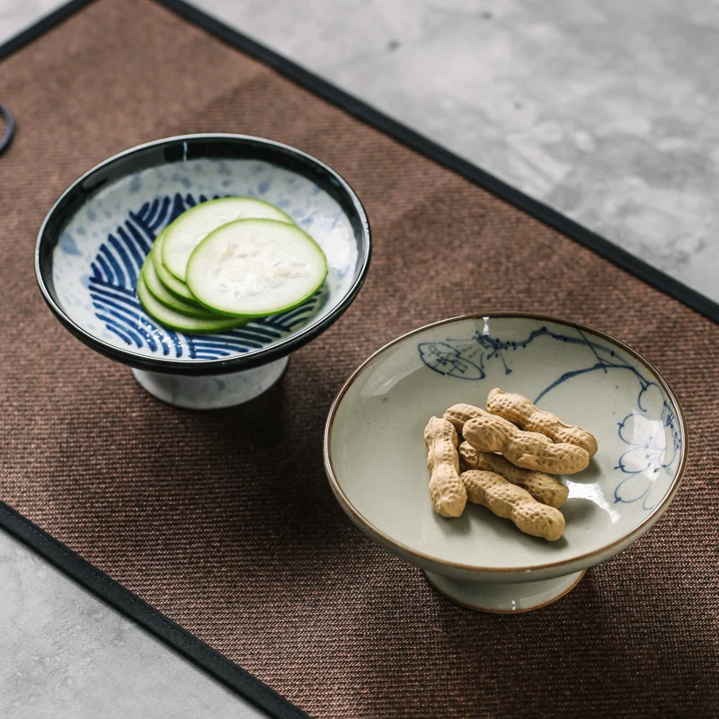 

Ceramic tableware high foot plate fruit plate retro hand-painted snack plate Chinese tribute plate tea room high foot tea plate