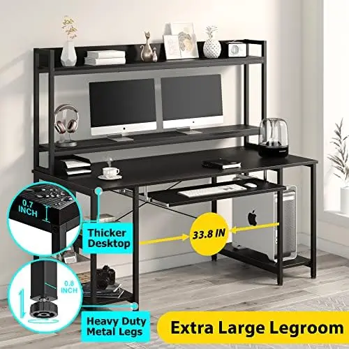 

Desk with with Hutch, 55 INCH Desk with Keyboard Tray Bookshelf, Large Dual Monitor Gaming Desk Metal Home Office Desk with Stor