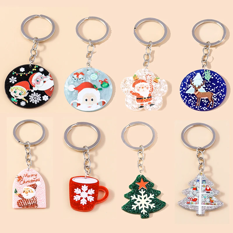 

New Fashion Christmas Keychain Cute Deer Snowman Santa Christmas Tree Key Chain Pendant Rings Christmas Party Keyrings Gifts