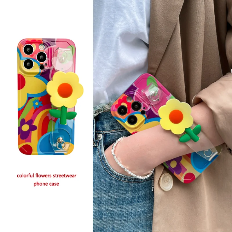 Silicone Phone Case For iPhone 12 11 14 Pro 13Pro Max Plus 2023 Daisy Flower With Lanyard Neck Strap Case Fashion Holder Cover