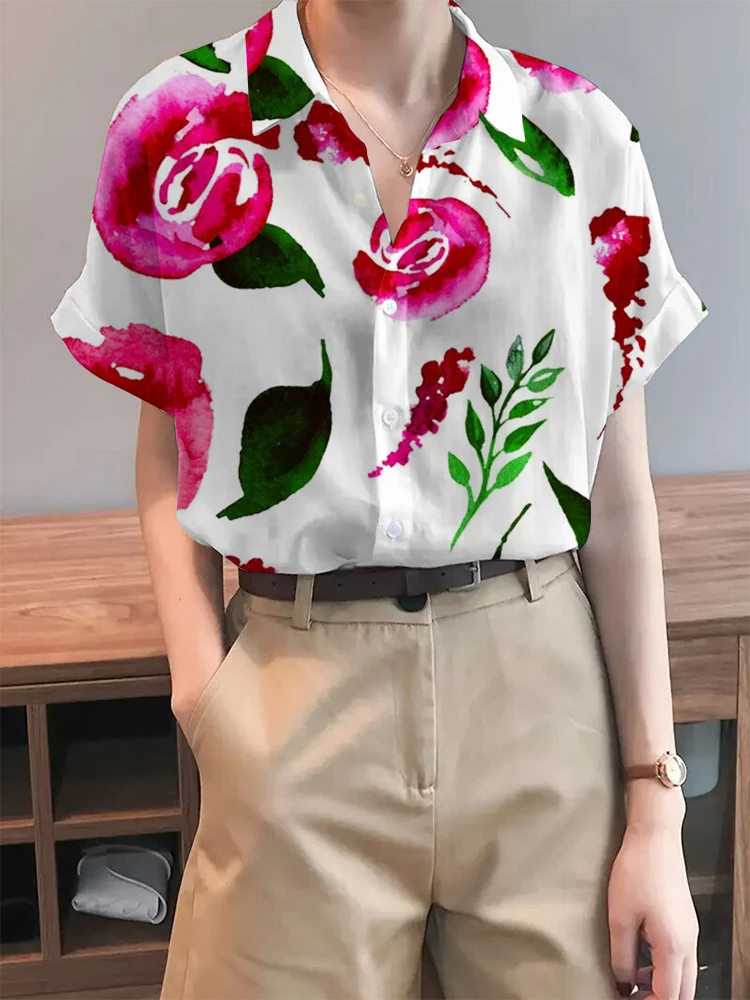 damska koszula z krótkim rękawem i klapami jednorzędowa modna letnia w kwiaty nadrukiem wygodna