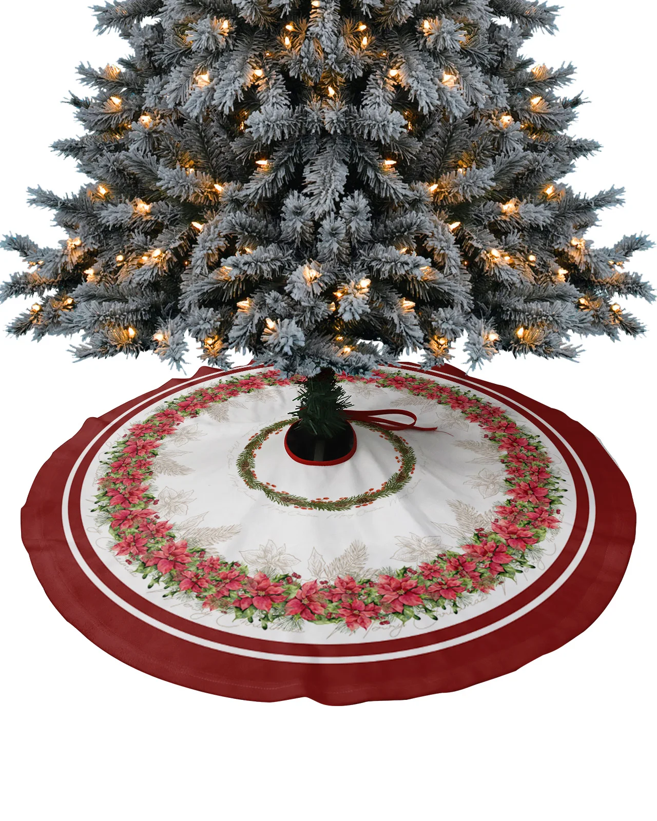 

Christmas Poinsettia Flower Christmas Tree Skirt Xmas Decorations for Home Supplies Round Christmas Tree Skirts Base Cover