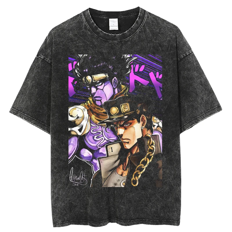 

Vintage Washed Tshirts for Men Printing Anime JoJo's Bizarre Adventure Harajuku Oversize Tee Streetwear Summer T-shirt