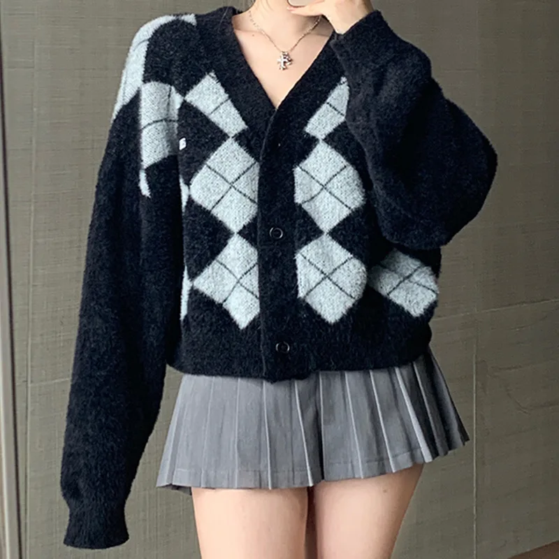 

Warm Argyle Plaid V Neck Knitted Sweater Cardigan Women Preppy Style Knit Sweaters Cardigans Coat Knitwear 2022 Autumn Winter