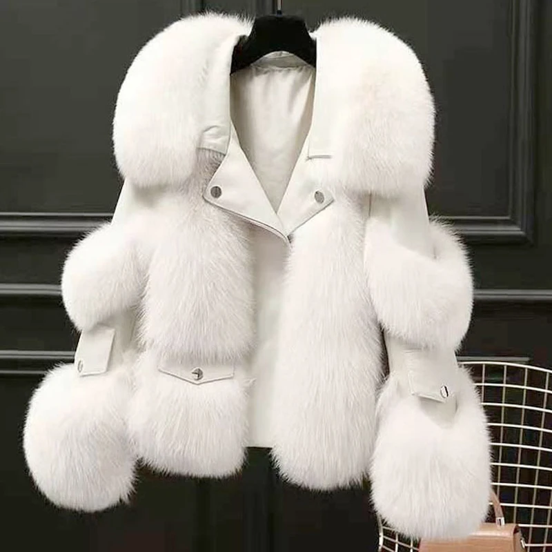 Jackets and Coats Fox Fur Collar Coat Winter Fur Coat Women Clothes High Quality Overcoat Thicken Warm Pu Leather Jacket Female