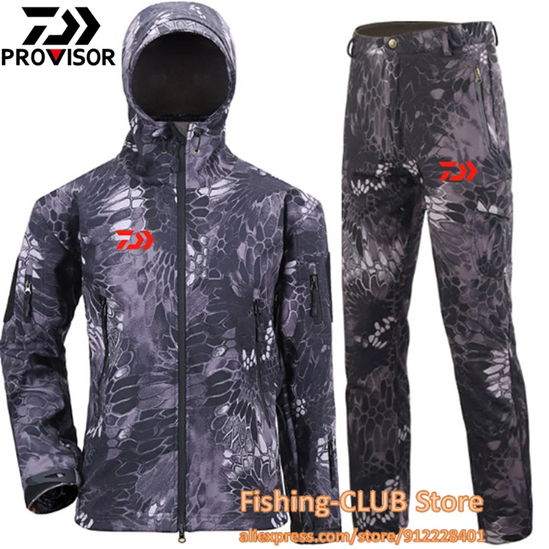 Daiwa Winter  Fishing Clothing Set Men Outdoor Waterproof Jackets Softshell Hunting Outfit Thermal Clothes Tactical Hiking Suit