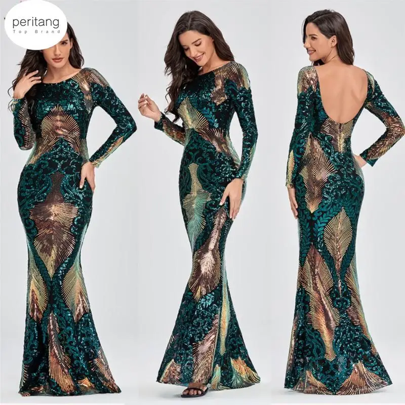 Vintage Green Long Sleeve Mermaid Sequins Dress Sparkly Elegant  Shiny Party Evening African Long Dresses for Women