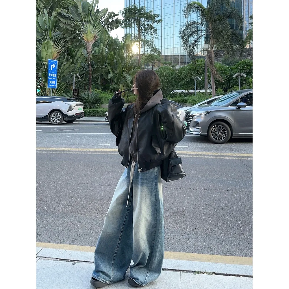 Повседневный комплект черная куртка из искусственной кожи верхняя одежда