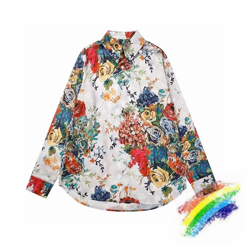 

FW22 Floral-print Paneled Silk Long-sleeve Shirt Men Women High Street T-Shirt Beach HAWAIIAN Shirts