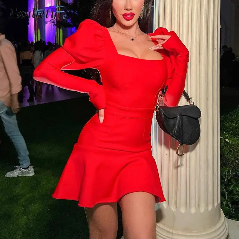 

Sexy Square Collar Bodycon Mini Dress Fashion Solid Puff Shoulder And Small Split Sleeves Dress Women Spring Elegant Party Dress