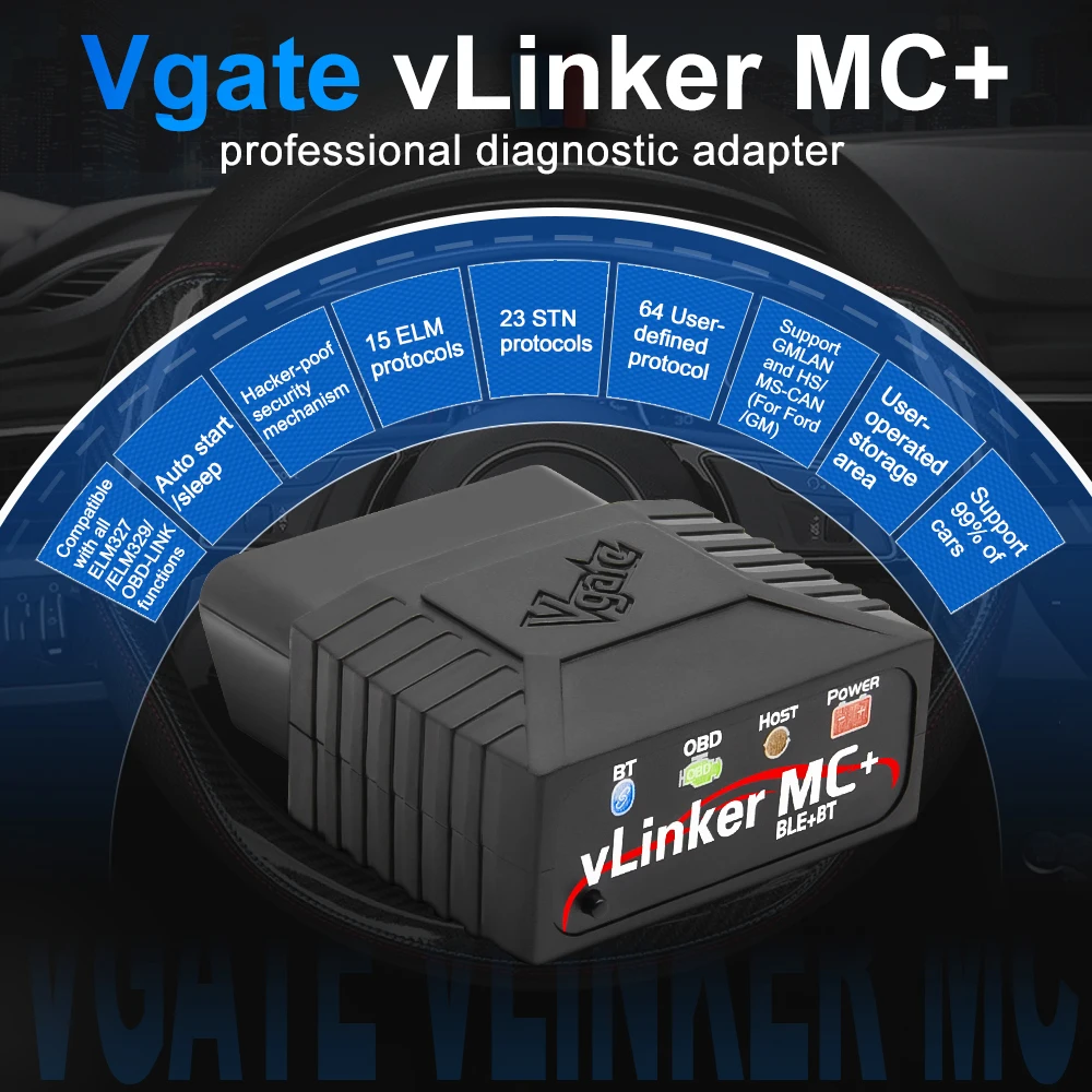 Фото Vgate vLinker MC + ELM327 V2.2 Bluetooth 4,0 OBD2 сканер OBD 2 для BimmerCode для FORScan Auto автомобильные диагностические инструменты №2