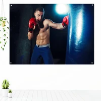 male boxer boxing in punching bag boxing muay thai kickboxing fight training poster wall art inspirational tapestry banner flag