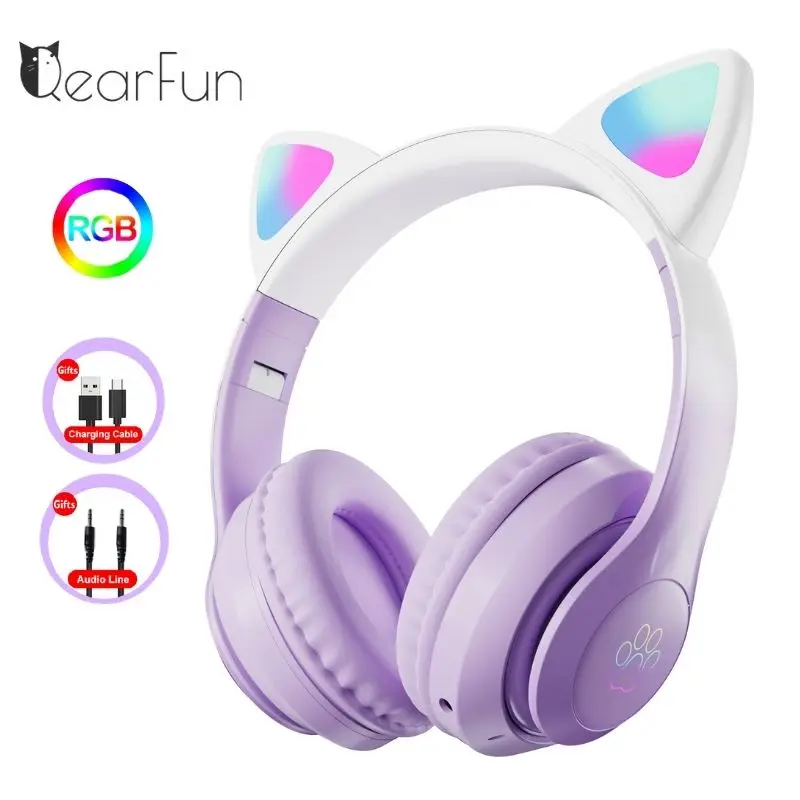 

Flash Light Cat Ear Headphones Wireless With Mic Gamer Girl Gradient HiFi Stereo Music Bluetooth 5.3 Headset RGB Cat Helmets