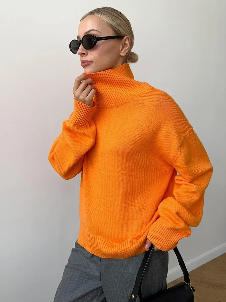 2024 зимняя женская водолазка вязаный свитер базовый красный пуловер топы ленивые