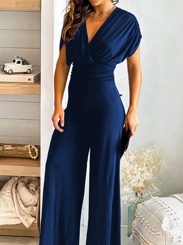 

2022 Women V Neck Solid Bondage Waist Jumpsuit Summer Office Elegant Short Sleeve Rompers Fashion Short Sleeve Wide Leg Jumpsuit