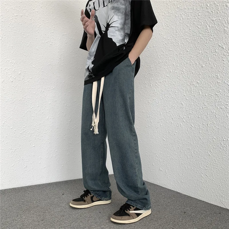Drawstring Wide-leg Trousers Men's Spring Korean Version of The Hong Kong Style Ins Loose Trend Straight Casual Washed Jeans