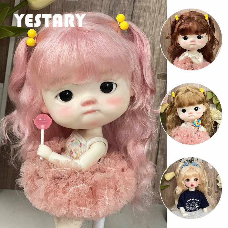 

YESTARY 2023Newest BJD Doll Mohair Wigs Big Head DianDian Qbaby Dolls Accessories Long Hair Double Ponytail Curl Hair Bangs Girl