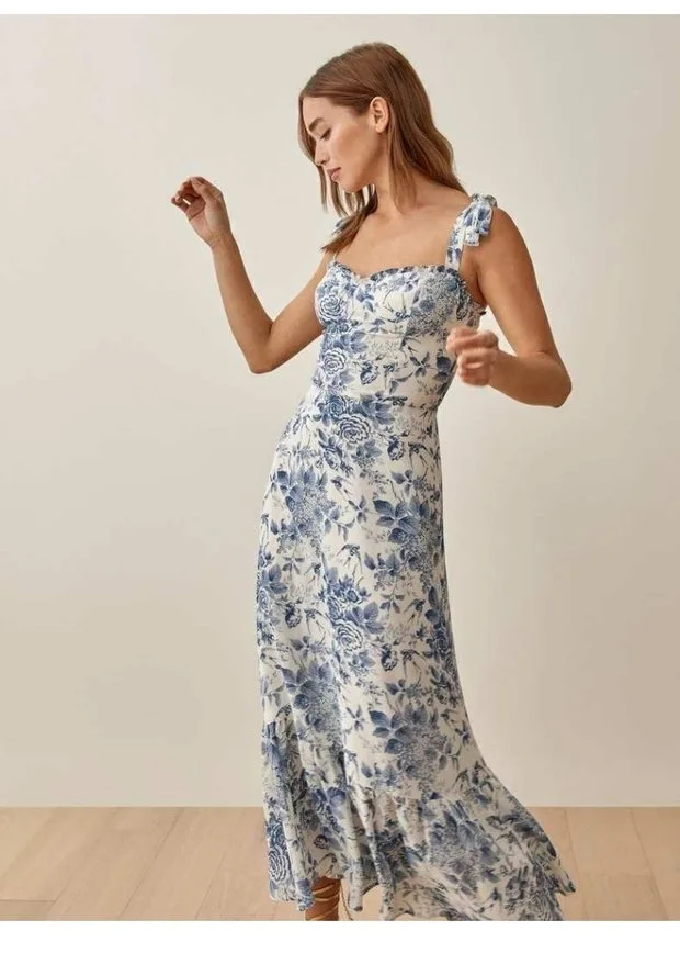 Women Blue Flower Printed Strapless 2023 Summer Sling Midi Dress