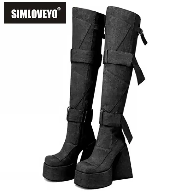 

Женские джинсовые сапоги на высокой платформе, брендовые Дизайнерские Сапоги до бедра в стиле панк на толстом каблуке, с пряжкой на молнии и квадратным носком, большие размеры до 43, 2022