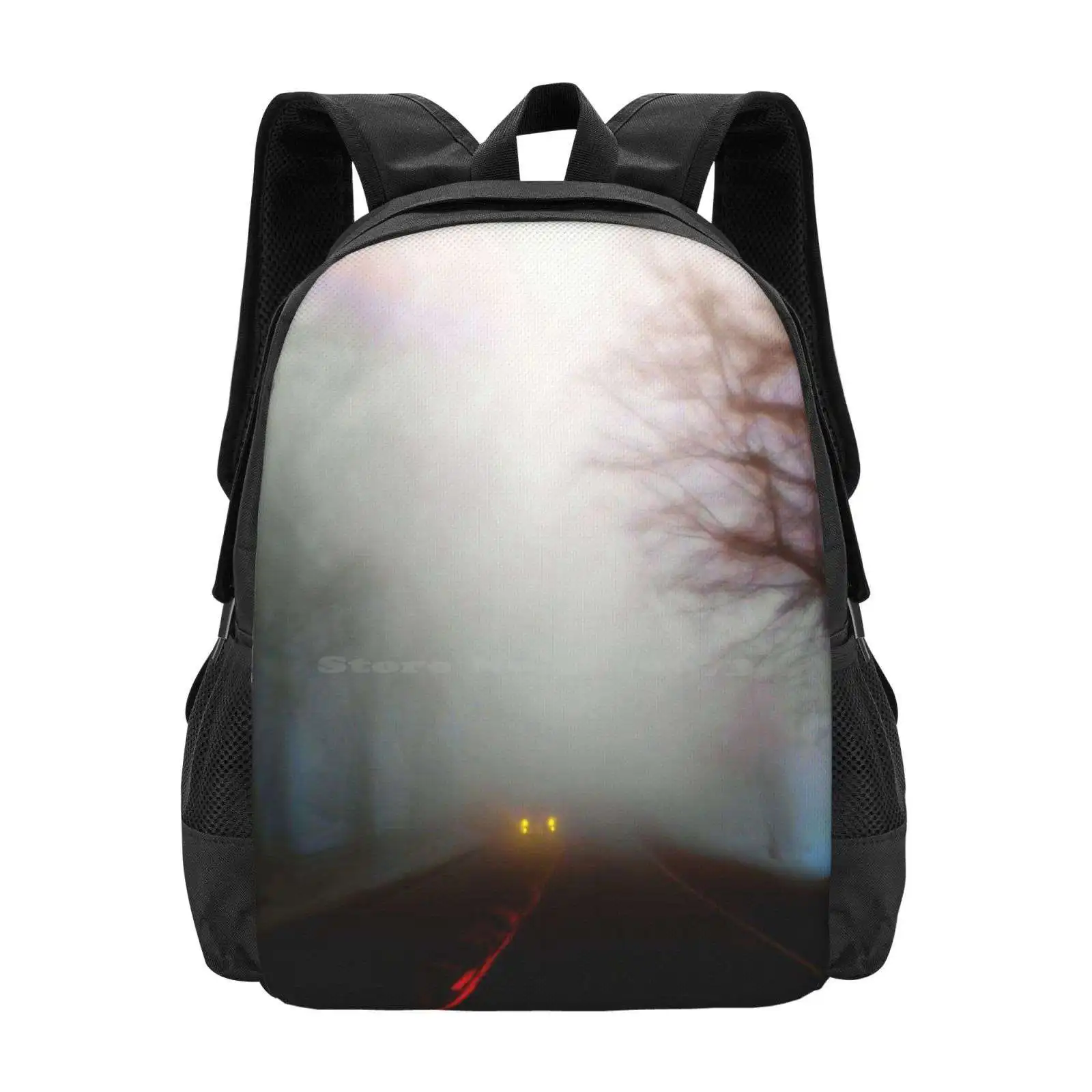 

Distant Headlights School Bags Travel Laptop Backpack Foggy Road Car Headlights Trees Moody Country Artistic