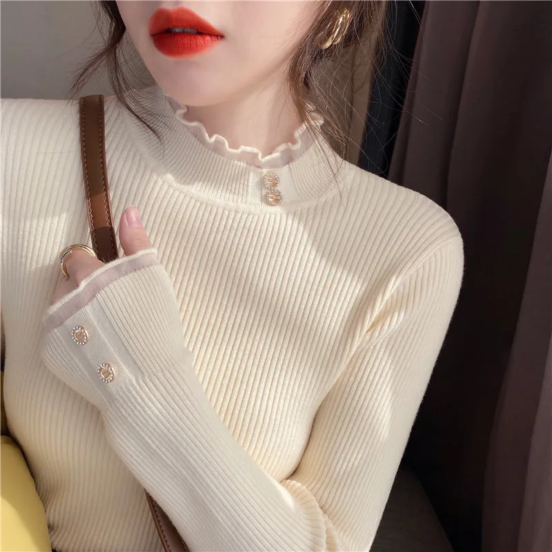 

White knitting base coat women spring autumn and winter fashionable foreign style lace inside half high neck sweater Pullovers