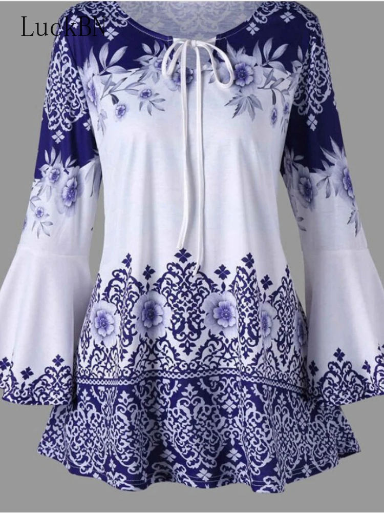 

Spring 5XL Large Size T-Shirts Women Bandage Long Sleeve O-Neck Floral Print Loose Casual Lace Fashion Tops TShirts Women Tees