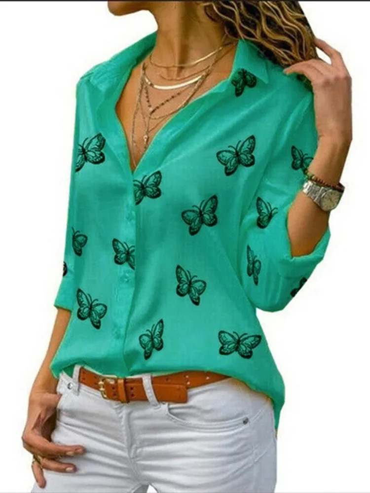 

Women's Casual Shirt Top 2023 Spring Autumn Turn Down Collar Long Sleeve Chiffon Butterfly Printed Blouse Tops Office Lady Top