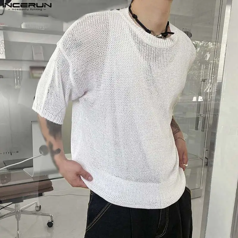 

Stylish Party Hot Sale Tops INCERUN Men's Short Sleeved Knitted Solid O-neck Camiseta Hollowed Loose Quick Drying T-shirts S-5XL