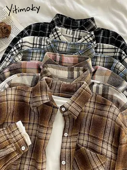 Yitimoky Plaid Vintage Shirts for Women Turn Down Collar Long Sleeve Oversized Blouses Ladies Single Breasted Casual Tops 2023 1