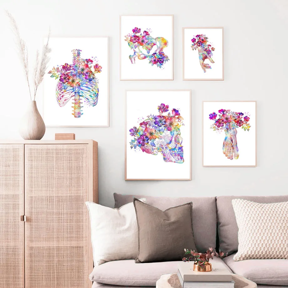 Костяная анатомия цветок Череп настенное искусство ручная роспись ногами на