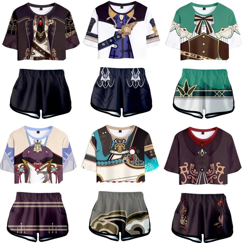 

Game Genshin Impact Cosplay Costume Hutao Amber Diluc Kaeya Alberch Albedo Tartaglia Tracksuit Women Summer Tops and Shorts Sets