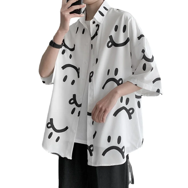 2023 Spring Summer Men's Shirts Half Sleeve  Korean Clothing Turn-down Collar Casual Fashion Male Blouses Tops E80