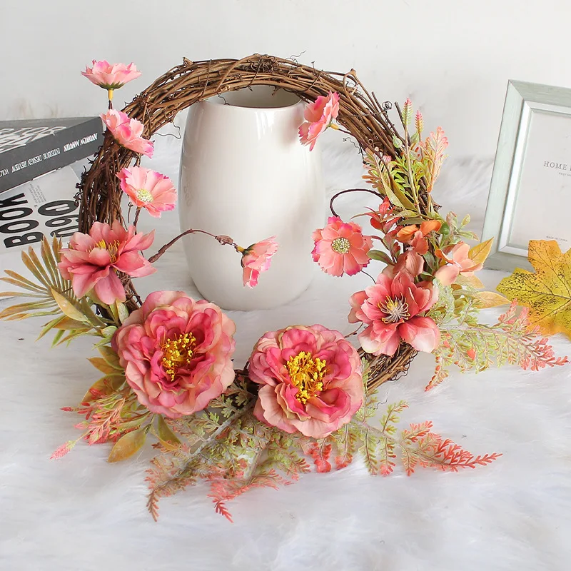 

Exquisite Peony Wreath Facade Wall Decoration Hanging Ring Home Weaving Simulation Dead Branch Rattan Ring Festival Decorations