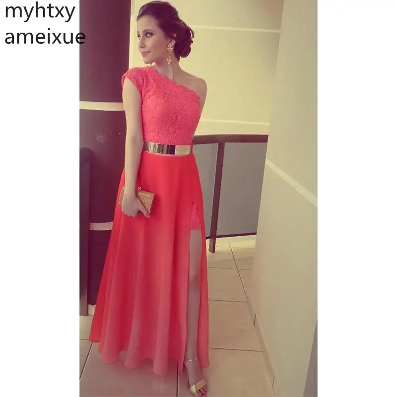 

2023 Coral Color Vestidos Formales Best Seller Lace One Shoulder Side Slit Gold Belt Formal Long Evening Dresses Robe De Soiree