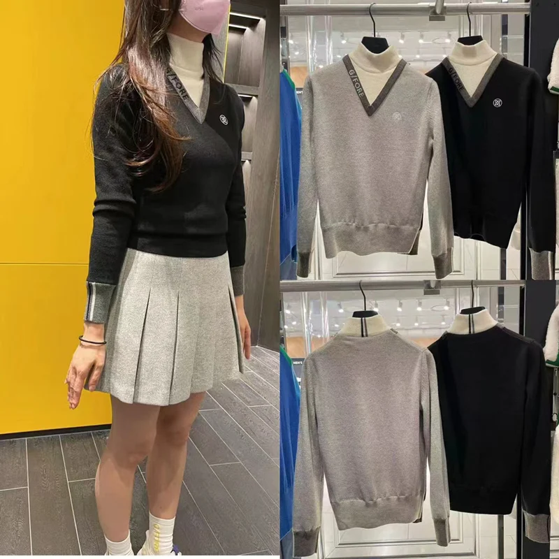 

Golf Clothing Ladies T-Shirt Winter Warm Thickened High Collar Sweater Sports Long Sleeve Top Fake Two-piece Golf Outfits Women
