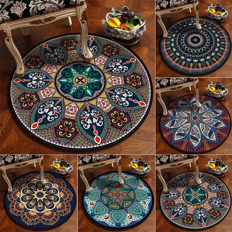 

Retro Ethnic Style Round Carpet Living Room Bedroom Decoration Carpet Computer Chair Pad Doormat Washable Large Carpet