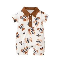 kids infant baby unisex clothing summer cotton casual romper short sleeve cartoon bear printed lapel patchwork jumpsuit
