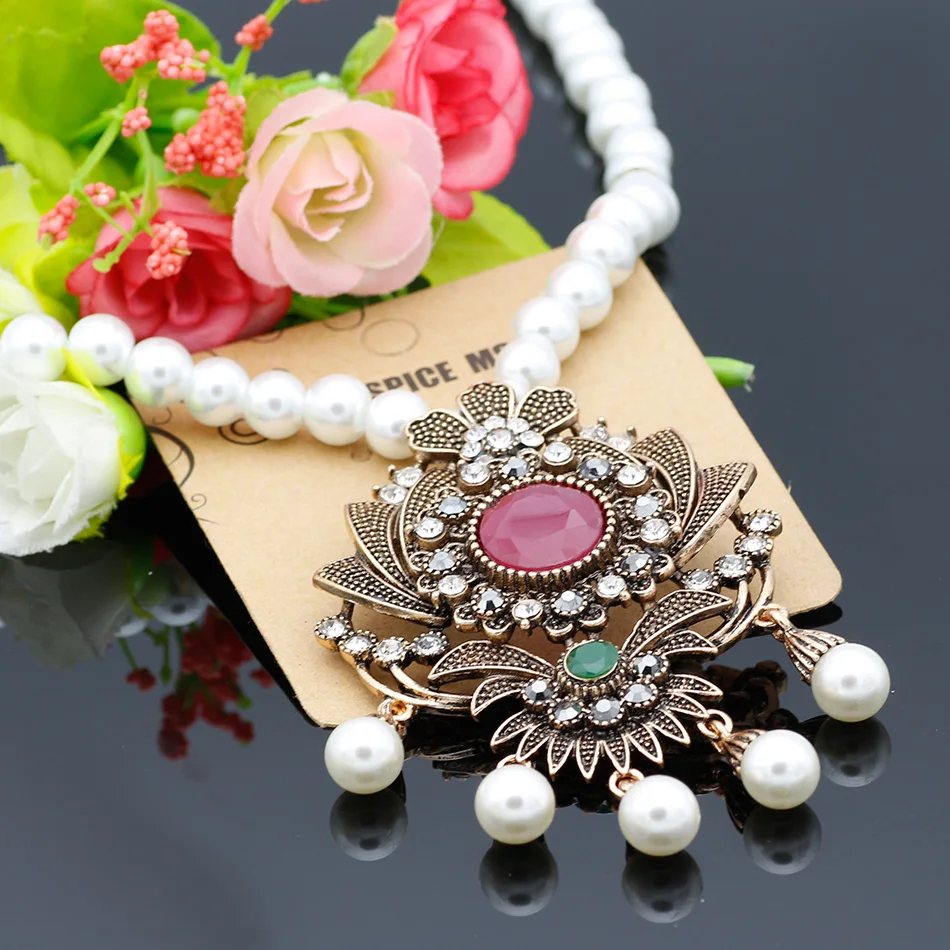 

Neovisson High Quality Strand Bead Pendant Necklace Women Antique Simulated-pearl Chain Turkish Indian Wedding Resin Jewelry
