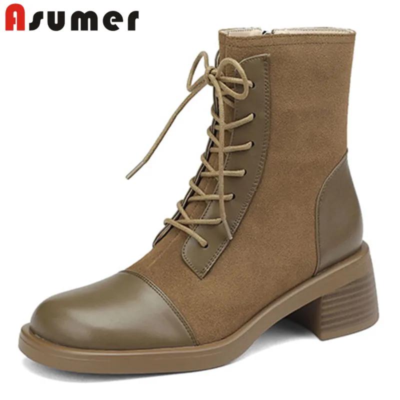 

Женские ботильоны на платформе ASUMER, из натуральной кожи, на высоком квадратном каблуке, Осень-зима 2023