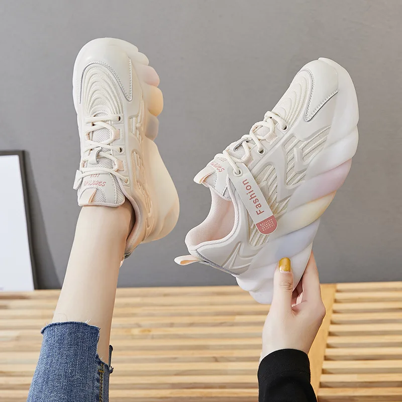 Inner Heightened Dad's Shoes Women's 2023 New Spring and Autumn Breathable Thick Sole Mesh Face Summer Small White Women's Shoes