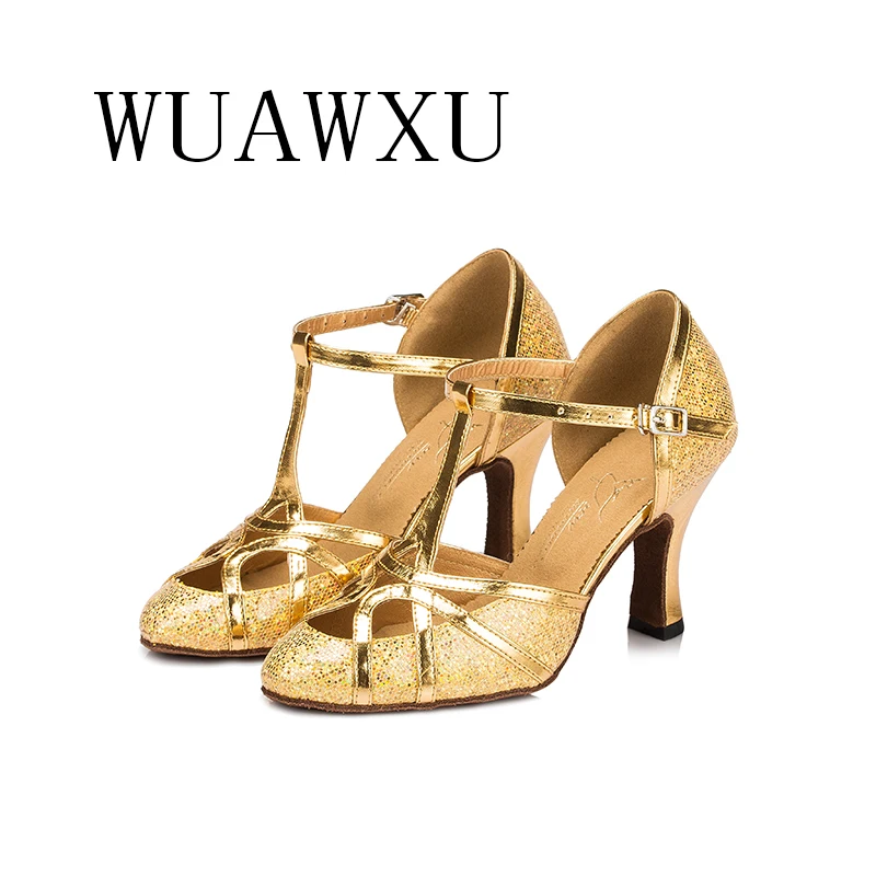 NATASHA Baotou Latin Dance Shoes Female Flash Gold Adult Medium High Heel Square Friendship Dance Shoes Soft Sole Competition Pe