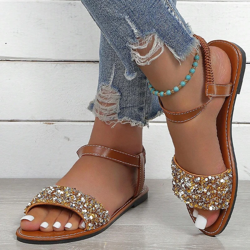 Women Sandal Glamorous Rhinestone Decor Sandals 2023 New Fashion Ankle Strap Summer Outdoor Slippers Casual Woman Female Shoes