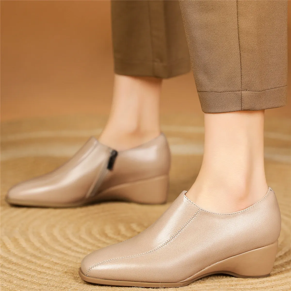 2023 Wedges Oxfords Shoes Women Genuine Leather Med Heels Platform Pumps Female Shallow Square Toe Fashion Sneakers Casual Shoes