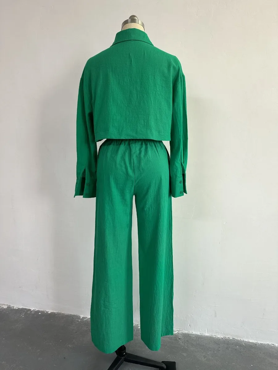 Модный женский комплект мини-рубашка с длинным рукавом и широкие прямые брюки