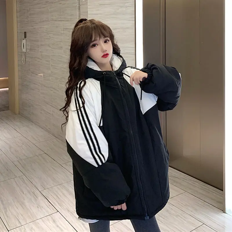 Winter New Style Contrast Sports Style Loose Hooded Thickened Long-sleeved Cotton Coat Women's Clothing  Coat and Jacket Women