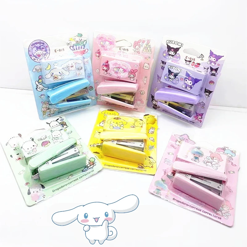 220V Sanrios Kuromi Cinnamoroll kawaii Cartoon Mini Stapler Morandi Set Anime Doll Paper Binder Stationery School Supplies Gift