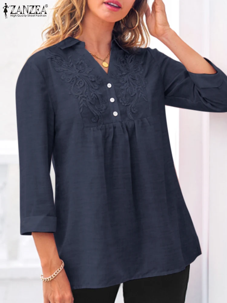 

ZANZEA Summer Elegant OL Work Shirt Women Lace Embroidery Blouse 2023 Fashion Lapel Neck 3/4 Sleeve Tops Solid Blusas Chemise