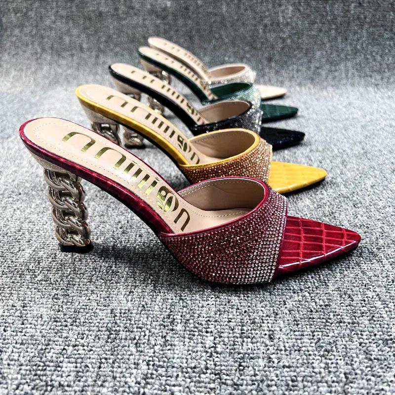 2023 Summer New Women's Slippers Sexy Luxury Pointed Rhinestone Colored High Heel Slippers Wedding Bridal Party Large Size Shoes